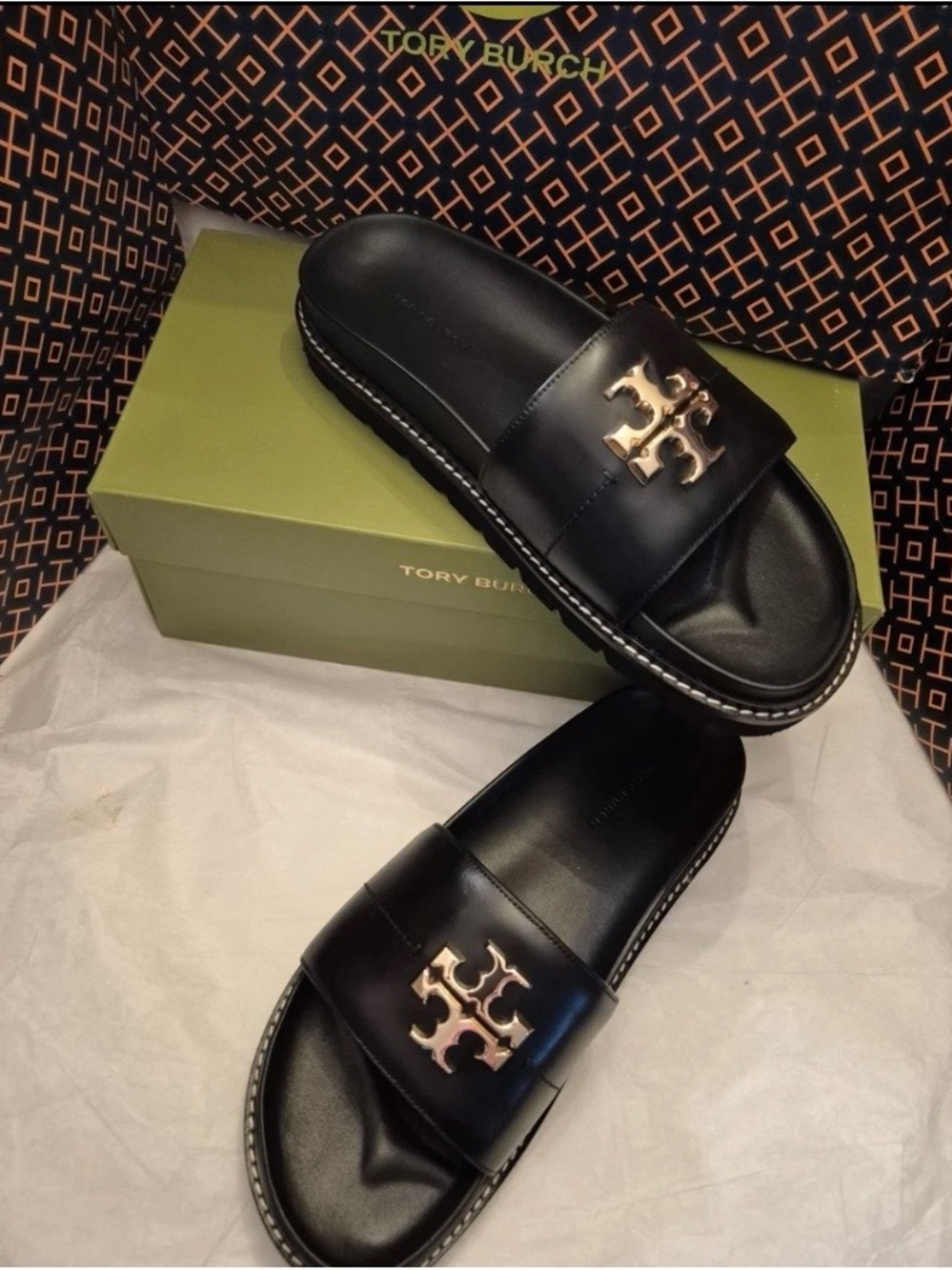 Tory Burch Black Leather Slide Sandals with Gold Logo Accent